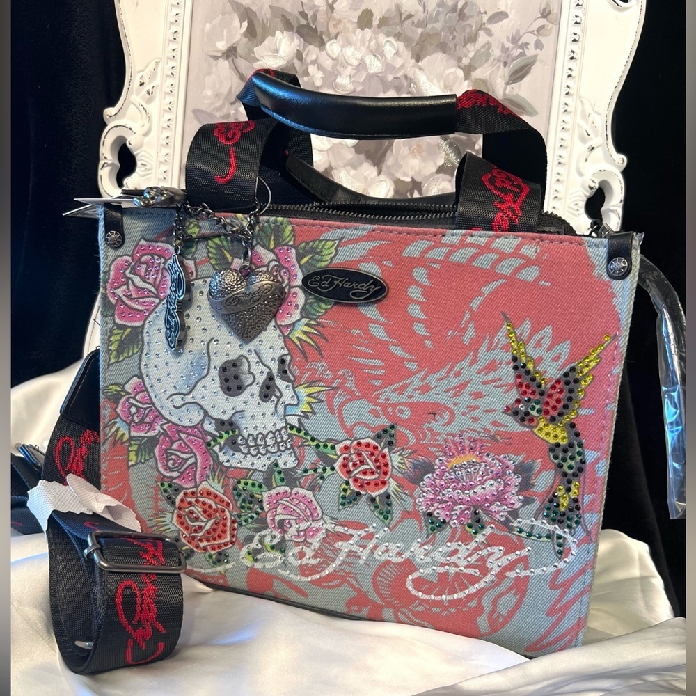 🌹☠️Ed Hardy Skull Rose Rhinestone Denim Tote🌹☠️-NWT - Picture 16 of 17